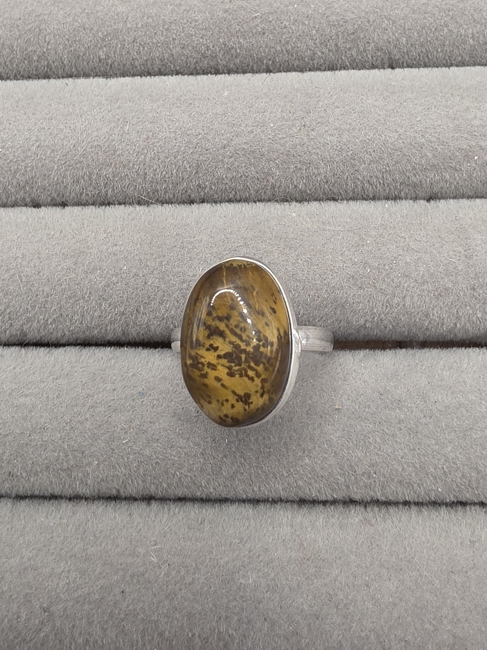 Silver Plated Brown Jasper Oval Ring Size 6 3/4